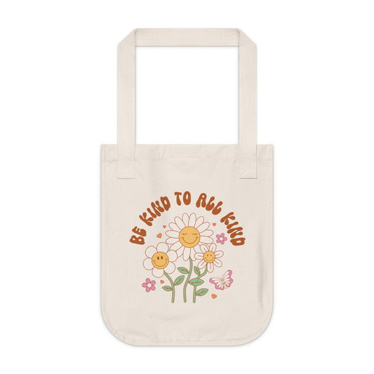 Be Kind to All Kind Organic Canvas Tote Bag - Eco-Friendly Floral Design