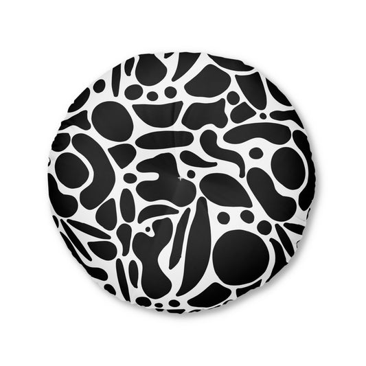 Modern Abstract Round Tufted Floor Pillow | Black & White Decor