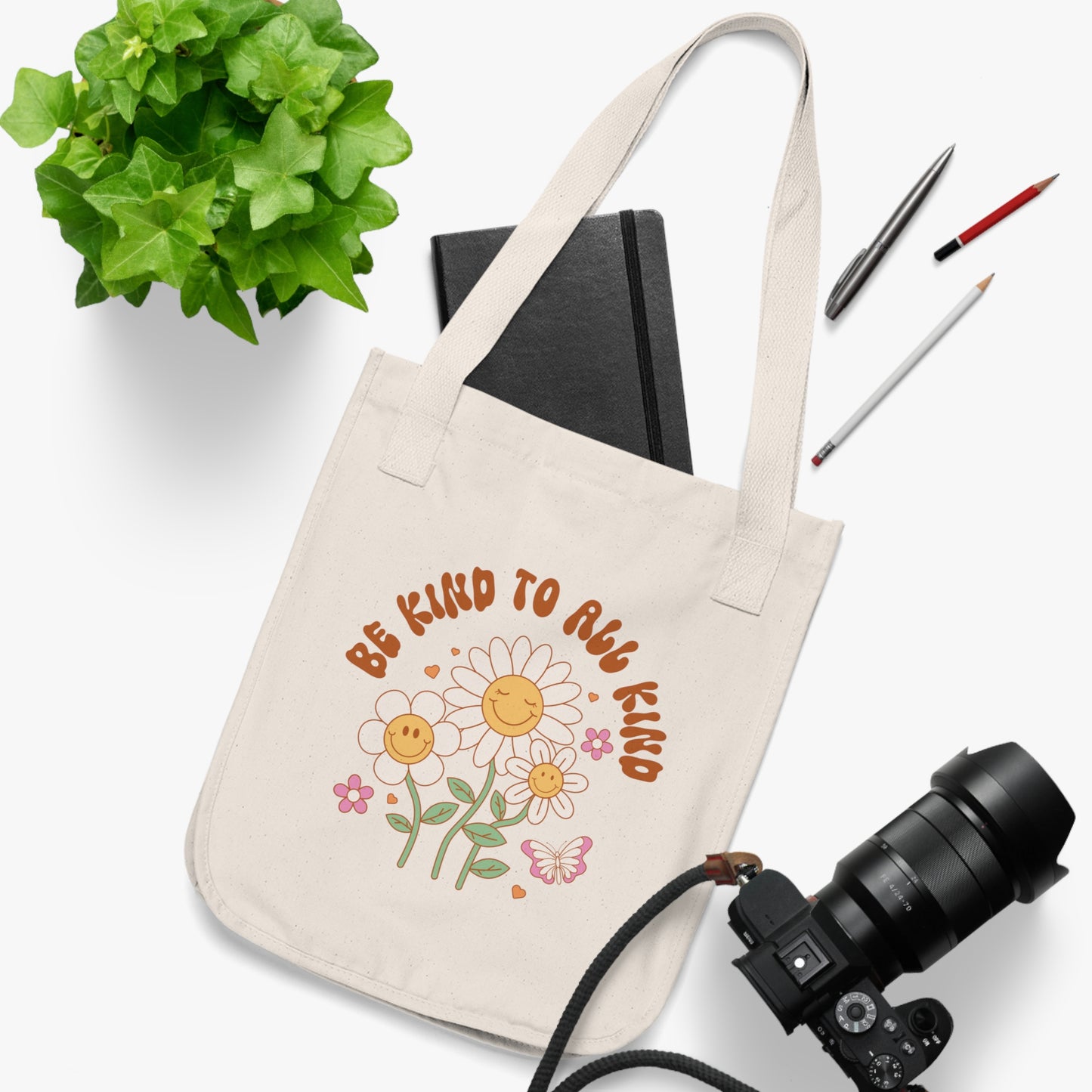 Be Kind to All Kind Organic Canvas Tote Bag - Eco-Friendly Floral Design