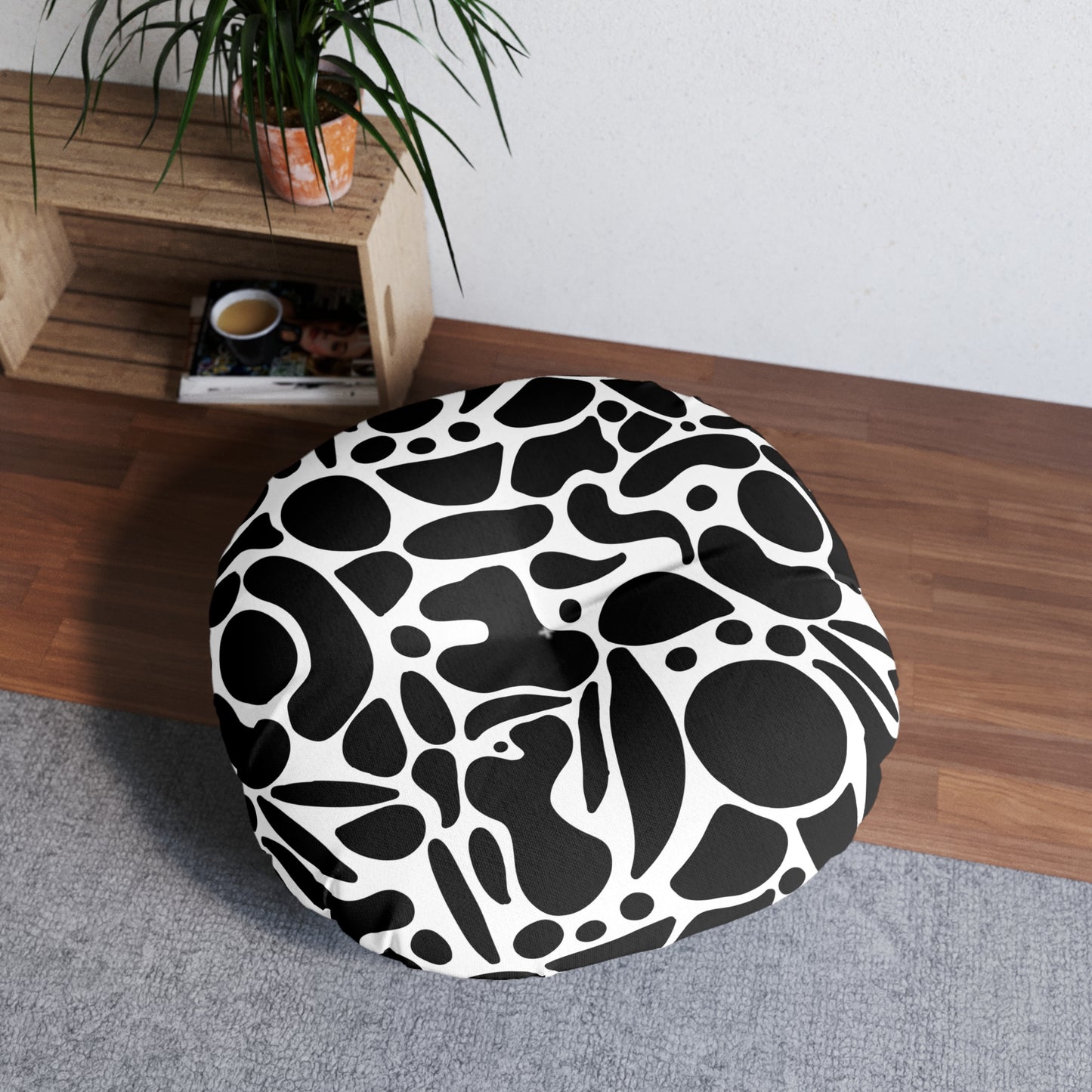 Modern Abstract Round Tufted Floor Pillow | Black & White Decor