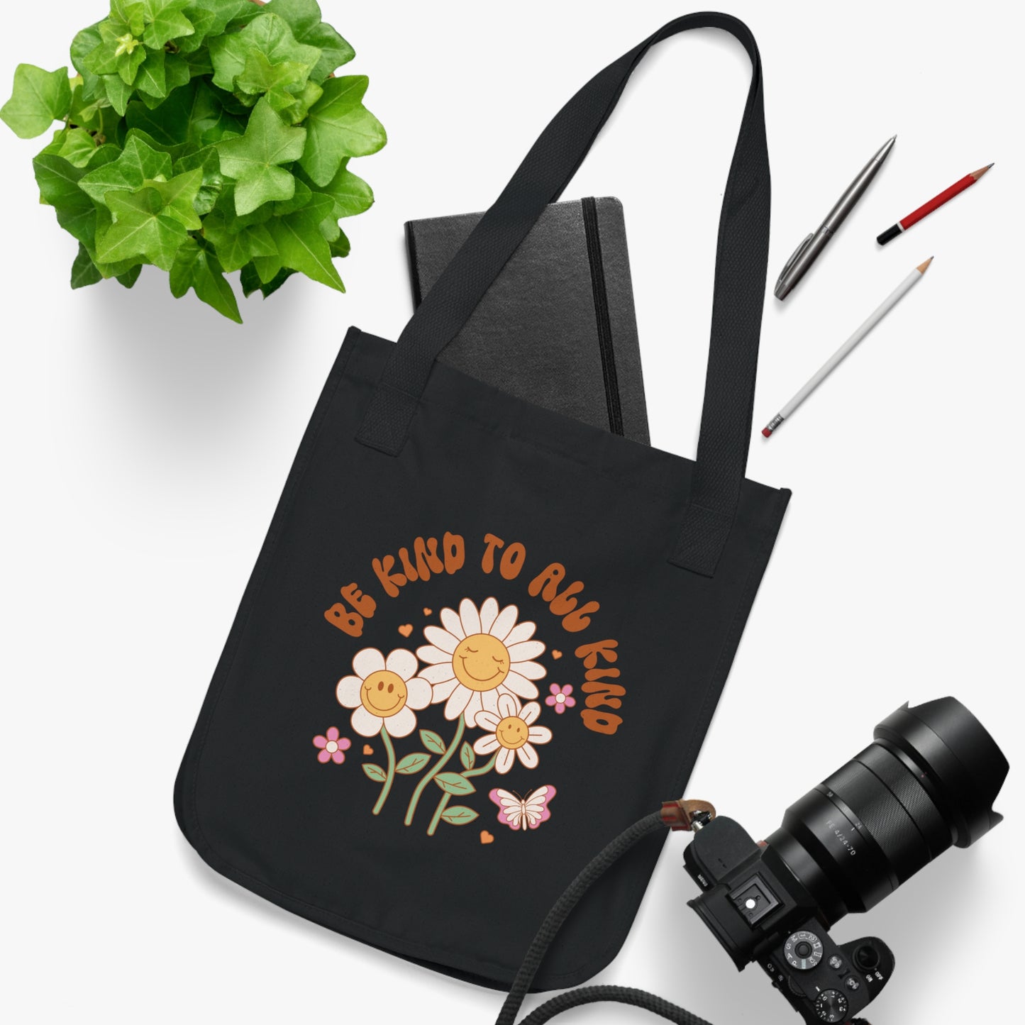 Be Kind to All Kind Organic Canvas Tote Bag - Eco-Friendly Floral Design
