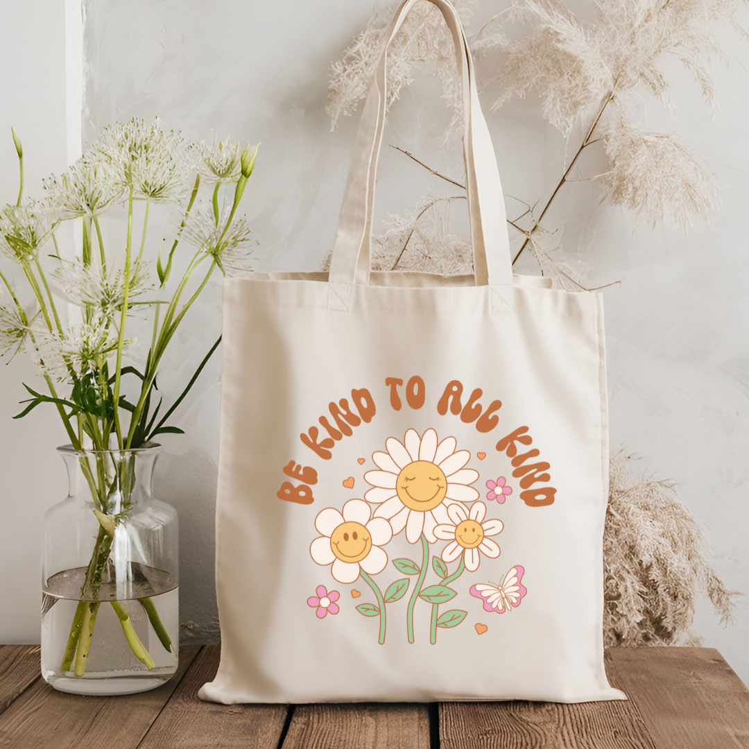 Be Kind to All Kind Organic Canvas Tote Bag - Eco-Friendly Floral Design